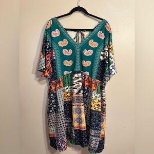 Boho Patchwork Paisley Oversized Mini Dress, Mixed Print Festival Tunic